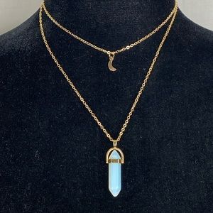 Stone Pendant and Moon Gold Tone Double Layer Necklace
